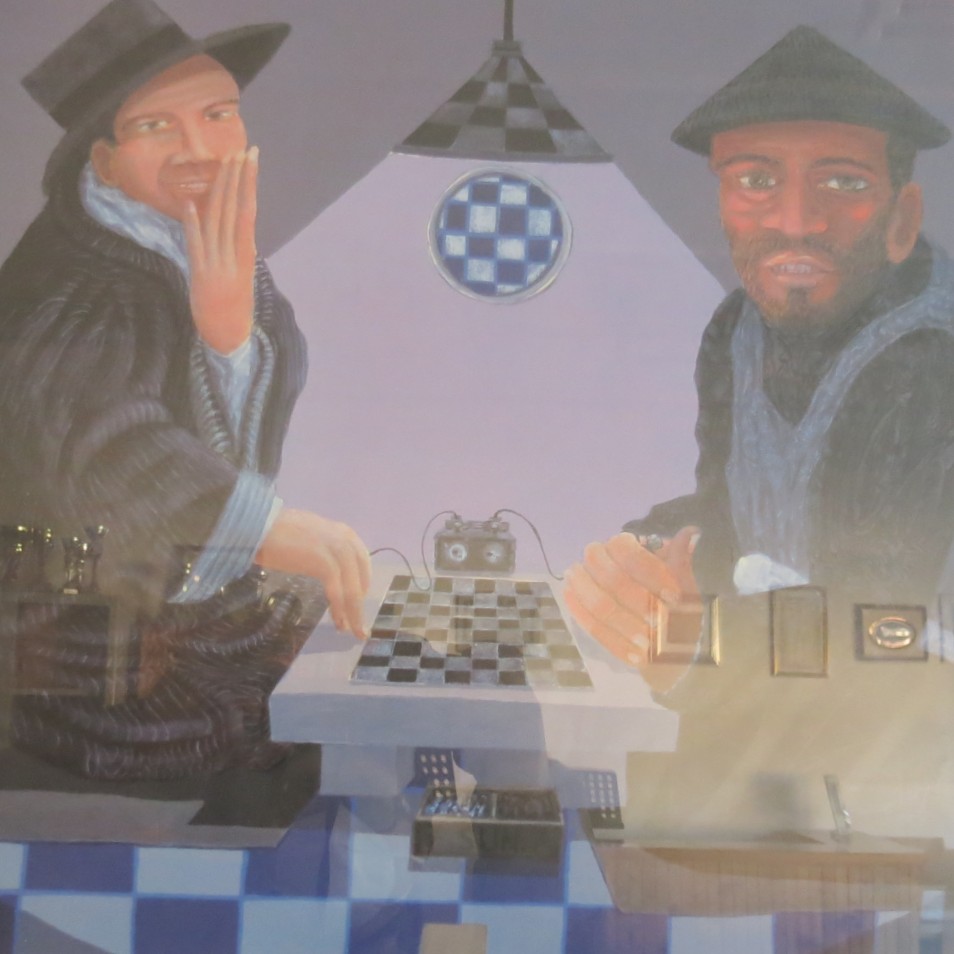 Painting of two men sitting at a chessboard, engaged in a game of chess, with a modern artistic style.