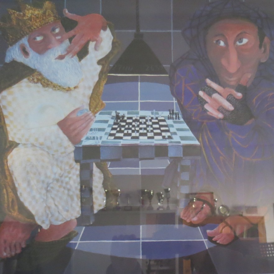 Murale che ritrae un re degli scacchi e un avversario in una partita, con una scacchiera in primo piano.