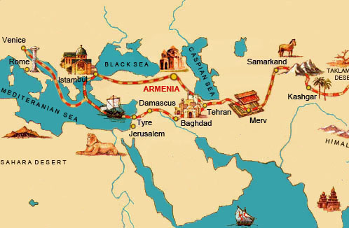 Mappa storica che mostra il percorso della Via della Seta e le località significative da Venezia a Kashgar, evidenziando le città come Roma, Baghdad e Samarcanda.