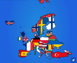Mappa dell'Europa con le bandiere nazionali dei vari paesi, su sfondo blu.