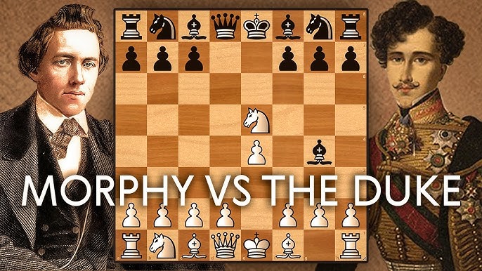 Immagine di una scacchiera con la partita tra Paul Morphy e il Duca Karl II di Brunswick, intitolata "Morphy vs the Duke". La posizione evidenzia i pezzi disposti in un classico setup di scacchi.