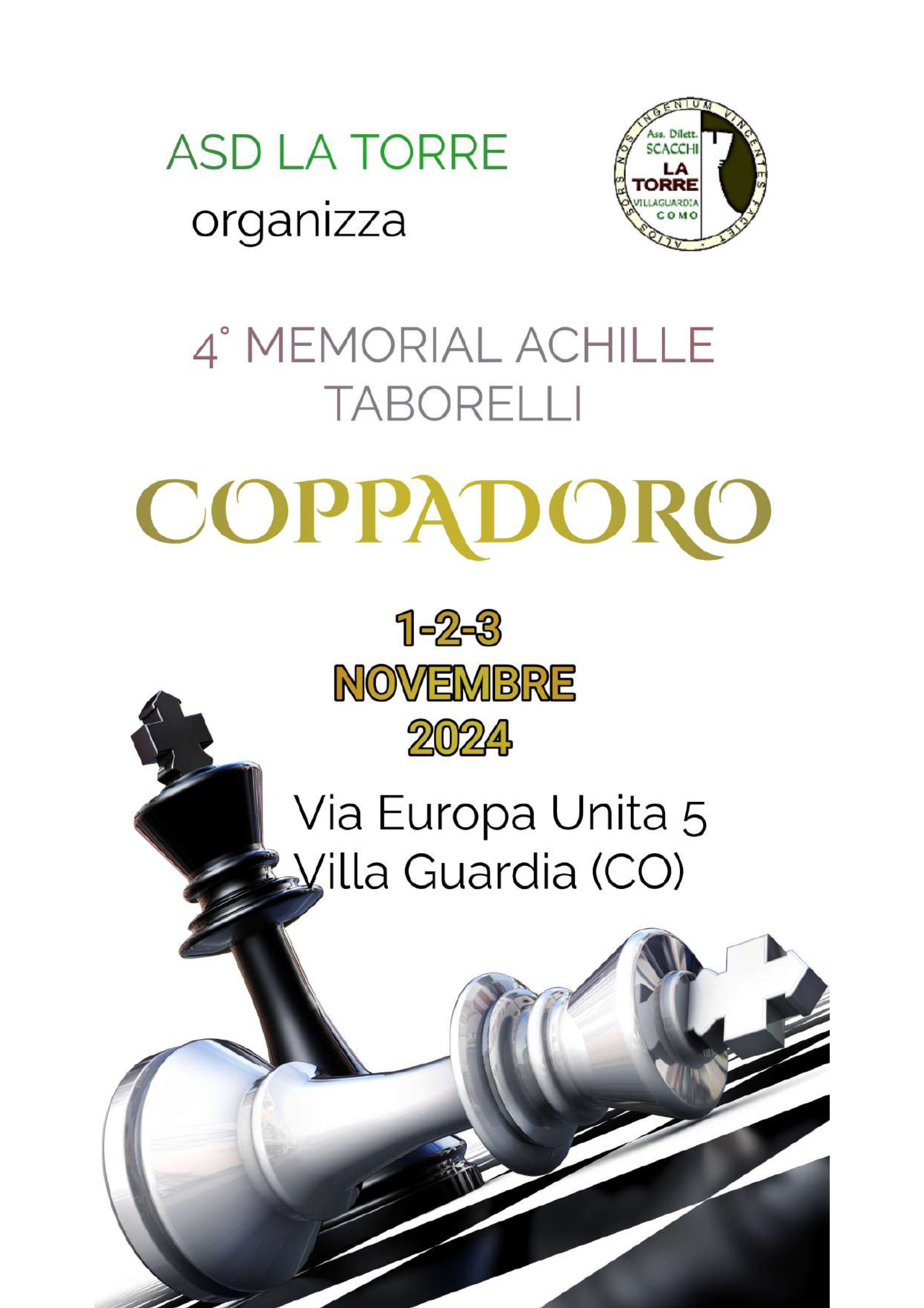 Locandina per il torneo di scacchi '4° Memorial Achille Taborelli', con dettagli su data e luogo dell'evento.