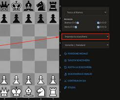 Schermata di un'interfaccia di gioco di scacchi con pezzi sulla scacchiera e opzioni di impostazione visibile.