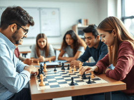 Due persone giocano a scacchi in un torneo, circondati da altri partecipanti che osservano attentamente. La scacchiera è ben visibile con pezzi bianchi e neri disposti strategicamente.