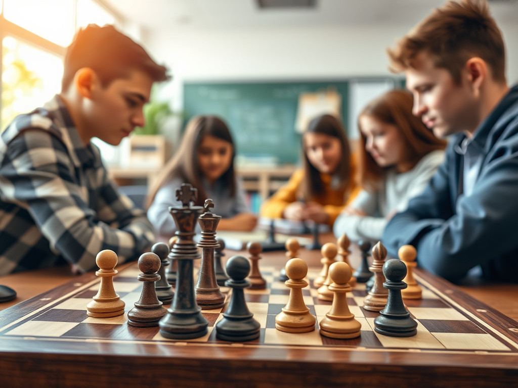 Un gruppo di giovani studenti sta partecipando a una lezione di scacchi, concentrati sulla scacchiera mentre discutono strategie di gioco.
