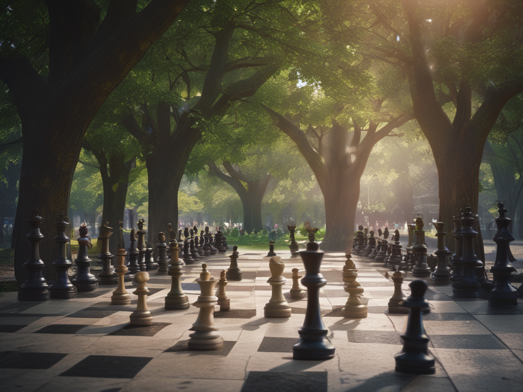 Scacchiera all'aperto circondata da alberi verdi e un'atmosfera luminosa.