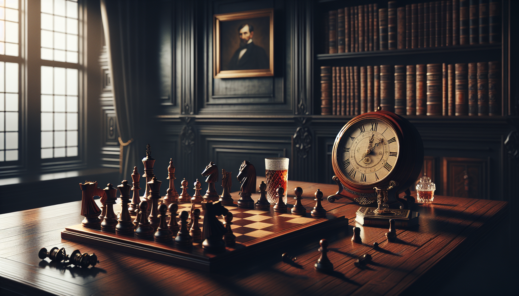 A chessboard set in a dimly lit room, adorned with elegant wooden furniture, a vintage clock, and a glass of drink, evoking a classic atmosphere.