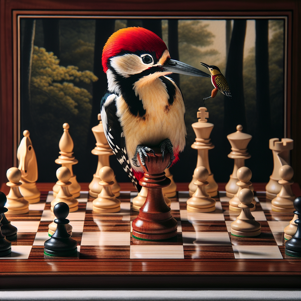 Un picchio colorato si trova su una scacchiera, tenendo in becco un pezzo di scacchi in un ambiente boschivo.