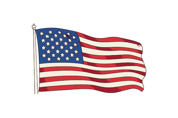 Bandiera degli Stati Uniti d'America che sventola con 13 strisce rosse e bianche e 50 stelle bianche su uno sfondo blu.