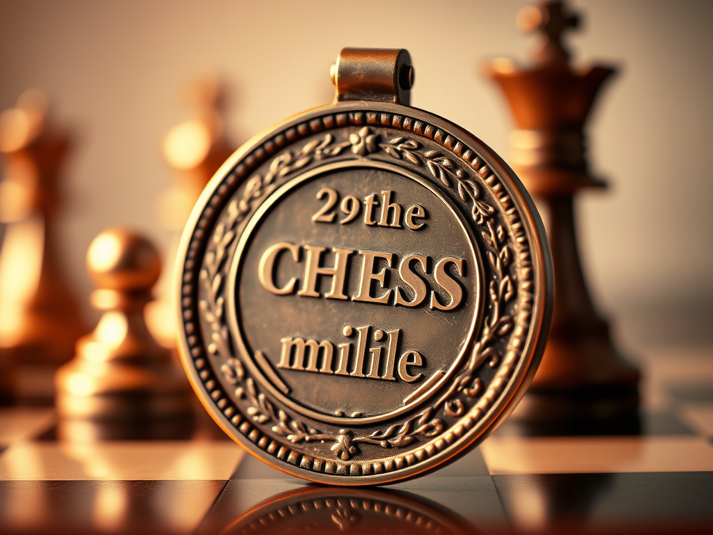 Medaglia di bronzo con la scritta '29th Chess millile' in primo piano, circondata da pezzi di scacchi sullo sfondo.