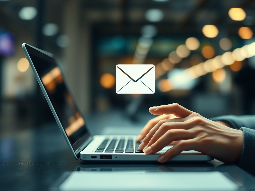 Una persona che utilizza un laptop con l'icona di una busta da lettere sopra la tastiera.