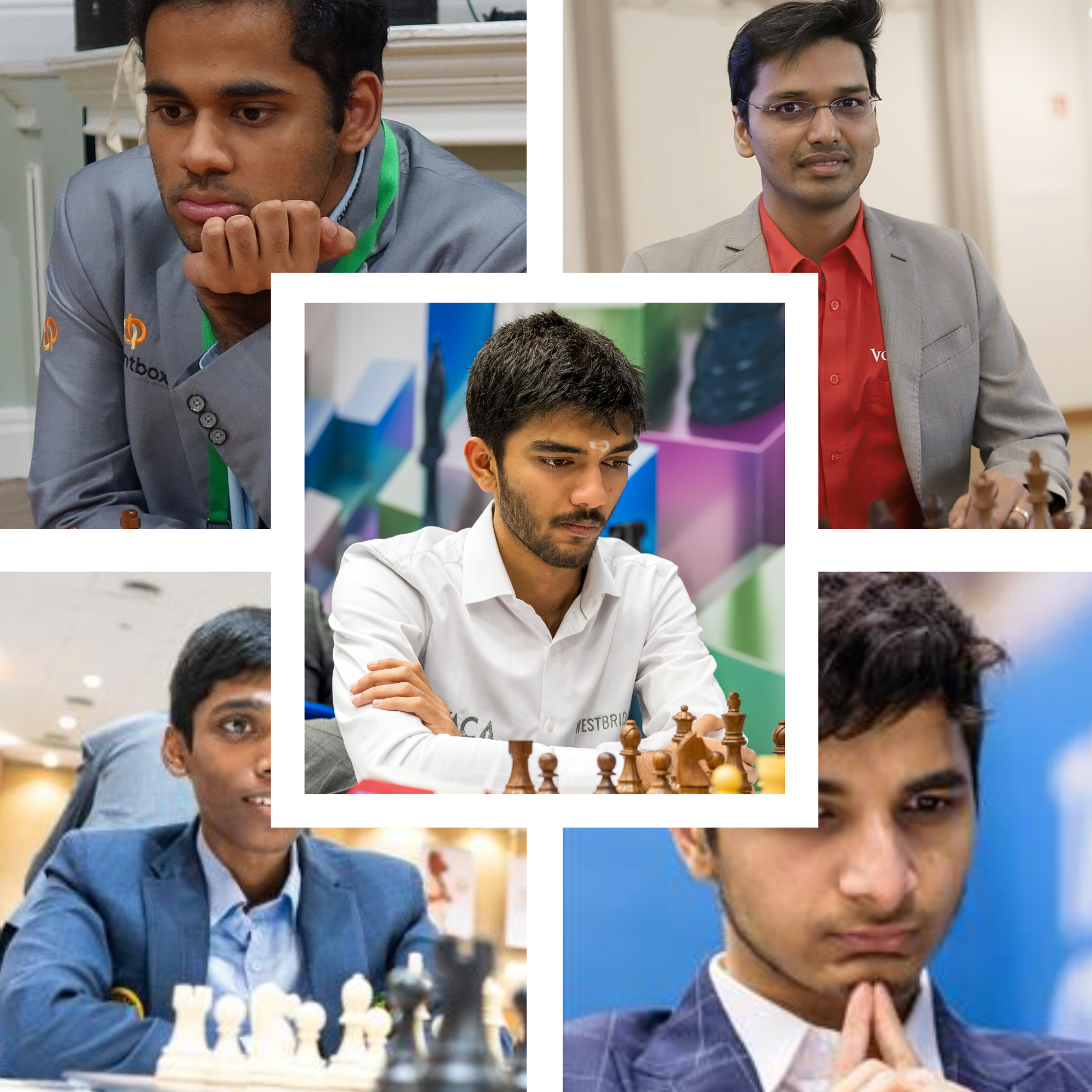 Collage di scacchisti indiani durante la 45a Olimpiade mondiale di scacchi a Budapest, con diversi giocatori che mostrano espressioni concentrate e impegnate nel gioco.