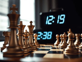 Una scacchiera con pezzi di scacchi in legno, con un orologio digitale che mostra le ore 12:19 e 2:38.