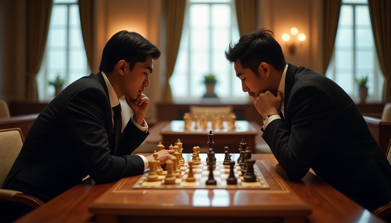 Due giocatori in abito formale si sfidano a una partita di scacchi in una sala elegante, concentrati sulla scacchiera.