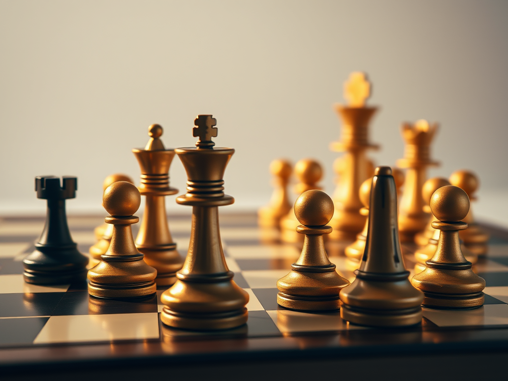 Una scacchiera con pezzi di scacchi dorati e neri, evidenziando un momento strategico del gioco.
