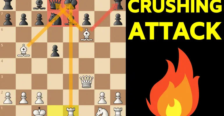 Immagine di una scacchiera con una posizione di attacco vantaggiosa per i pezzi bianchi, evidenziando una strategia vincente con frecce che indicano le possibili mosse. Il testo 'CRUSHING ATTACK' si trova in alto.