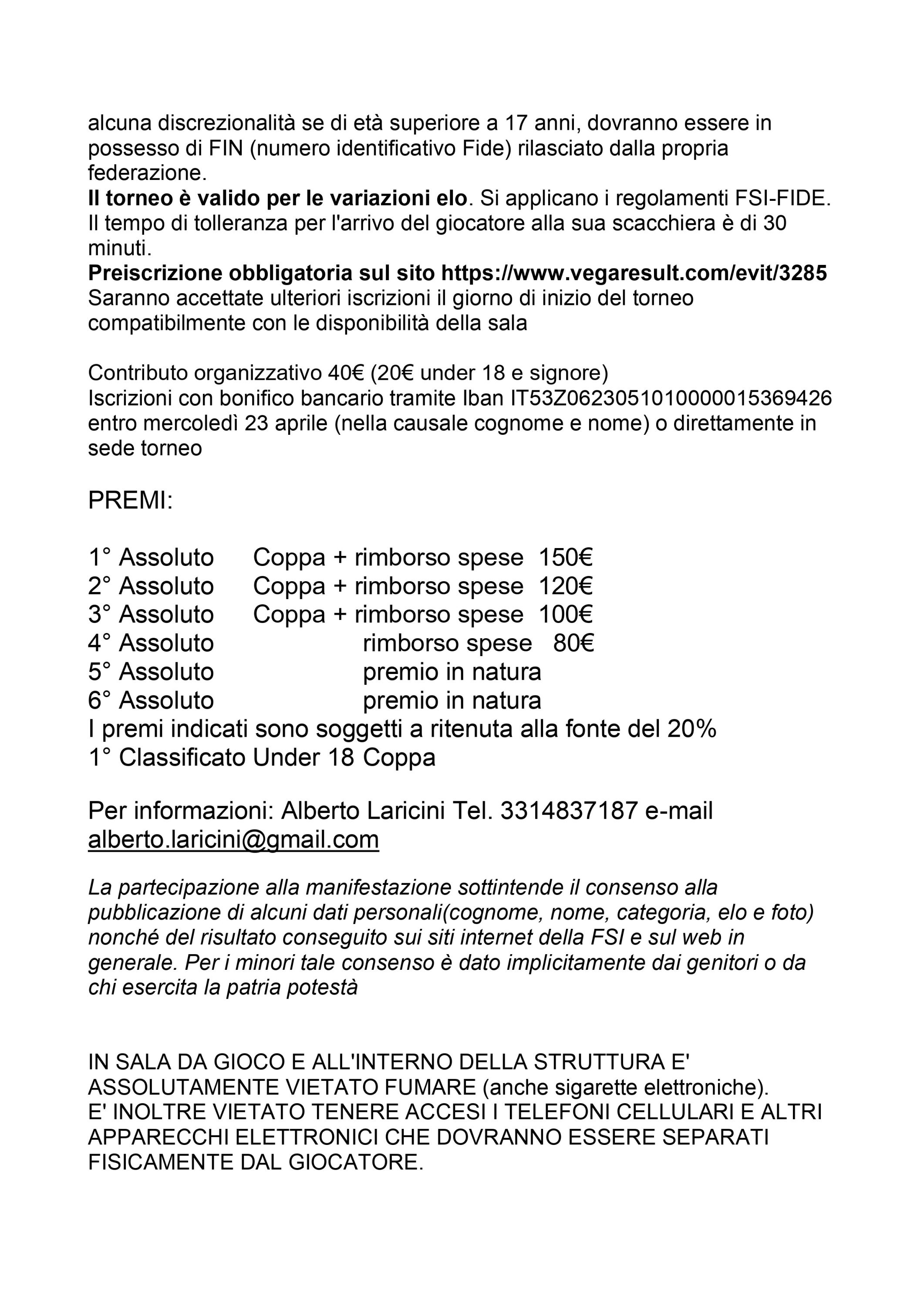 Informativa sul Torneo Primavera con dettagli sull'iscrizione, premi e regolamenti.