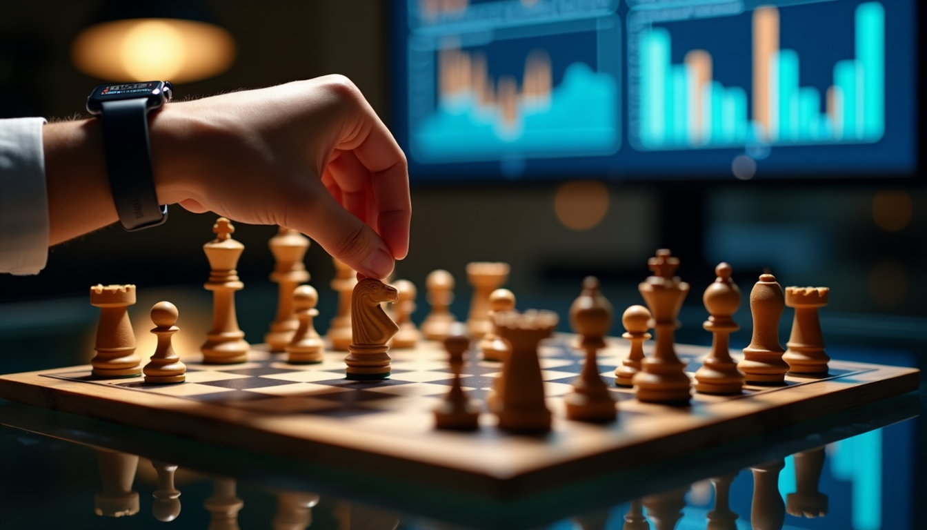 A hand moving a chess piece on a wooden chessboard, with a computer screen displaying graphs and data in the background.