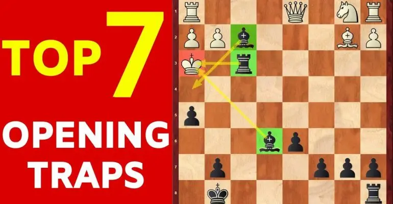 Un'immagine che mostra una posizione di scacchi evidenziata da frecce, con il testo 'TOP 7 OPENING TRAPS' in sovrimpressione.