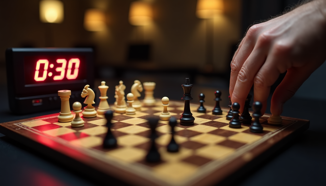Una mano sta facendo una mossa su una scacchiera, mentre un timer mostra 30 secondi rimanenti.