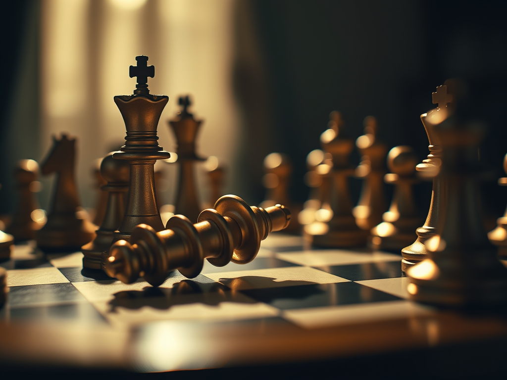 Immagine di una scacchiera con pezzi dorati, tra cui un re in posizione inclinata e diversi altri pezzi in secondo piano, illuminati da una luce soffusa.