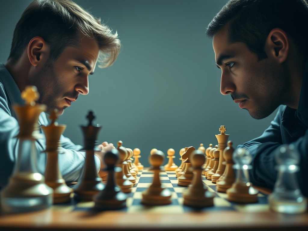 Due uomini si fronteggiano intensamente su una scacchiera, concentrati sulle loro mosse nel gioco degli scacchi.