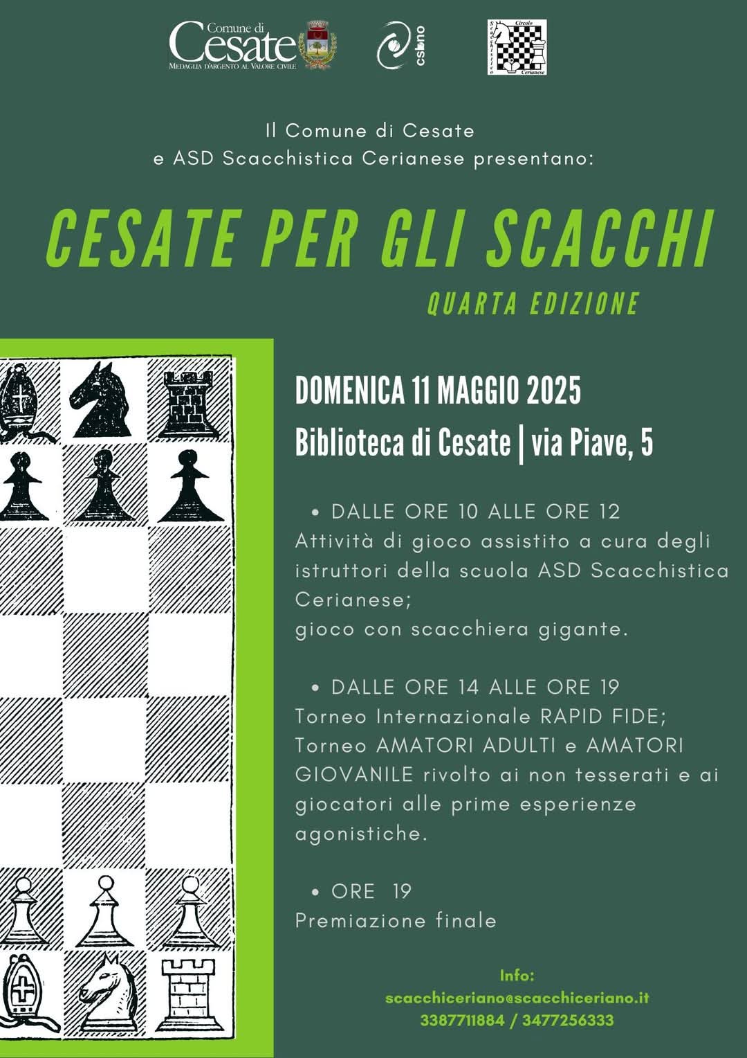 Locandina del torneo 'Cesate per gli scacchi', quarta edizione, con informazioni su data, luogo e dettagli dell'evento.