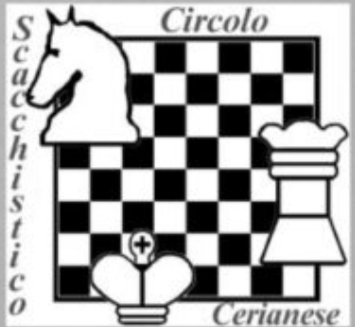 Logo del Circolo Scacchistico Cerianese, che include un cavallo, una torre e un re su una scacchiera.