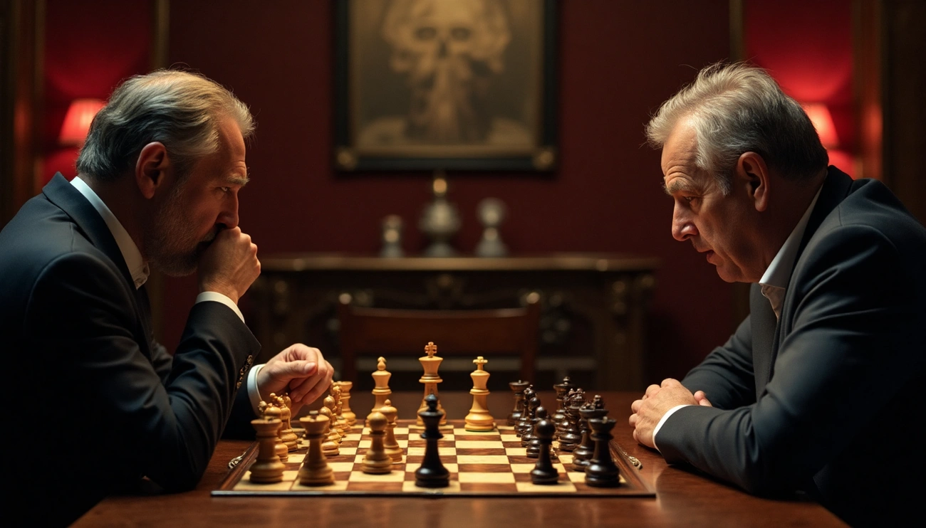 Due giocatori di scacchi sono seduti di fronte a una scacchiera, entrambi concentrati durante una partita.