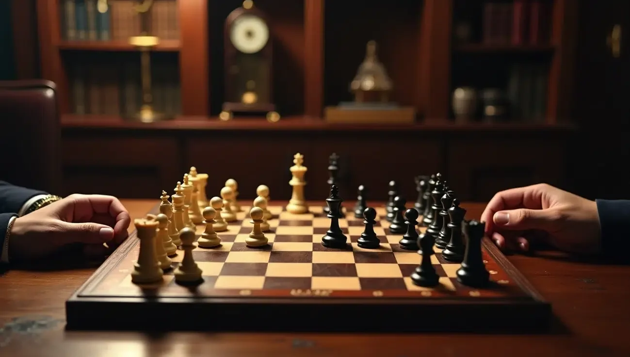 Una scacchiera con pezzi bianchi e neri, con due mani che si avvicinano per muovere i pezzi. Sullo sfondo, una biblioteca con orologio antico e libri.