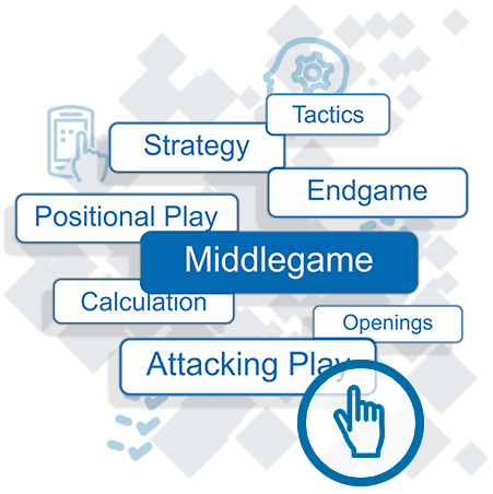 Una composizione grafica che presenta vari aspetti del gioco degli scacchi, tra cui strategia, tattica e tipologie di gioco come apertura, mediogioco ed endgame.