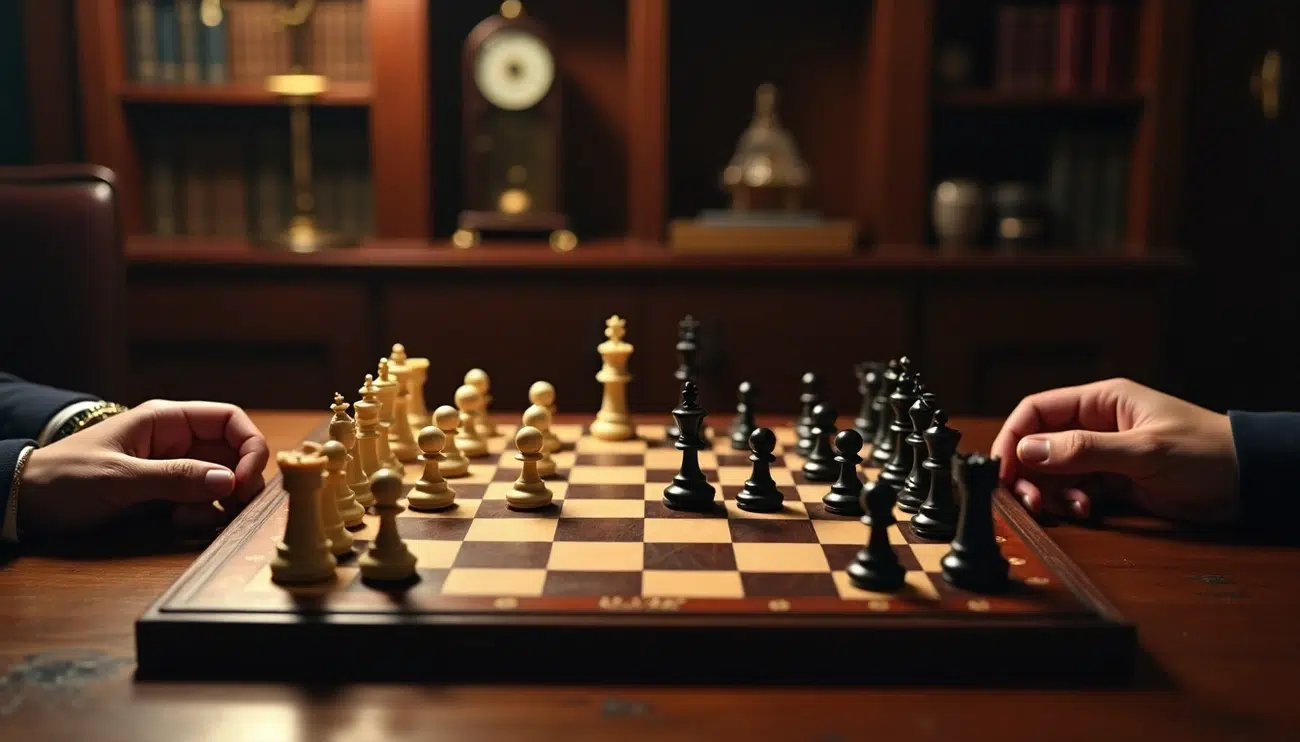 Due mani che spostano pezzi su una scacchiera elegante con pezzi bianchi e neri in un ambiente di gioco classico.