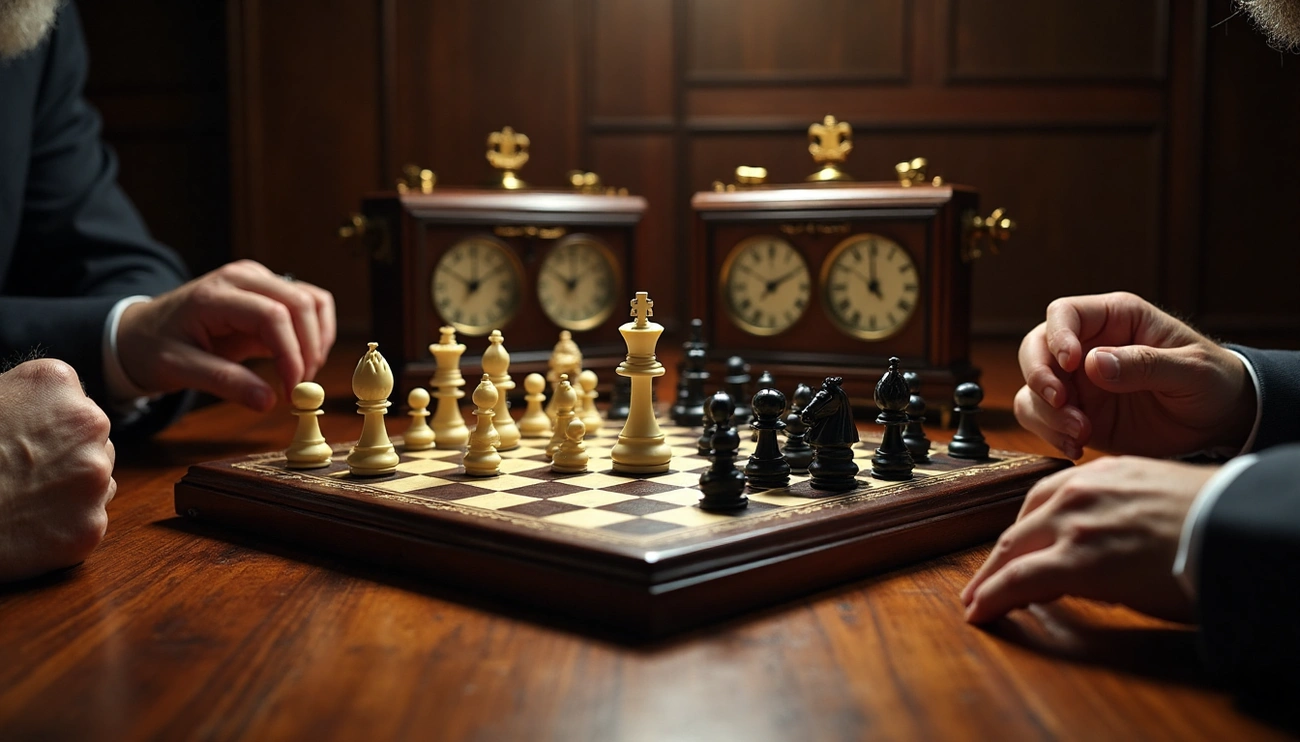 Due giocatori di scacchi stanno disputando una partita, con un set di pezzi scacchistici bianchi e neri su una scacchiera, accompagnati da due orologi da scacchi sul tavolo.