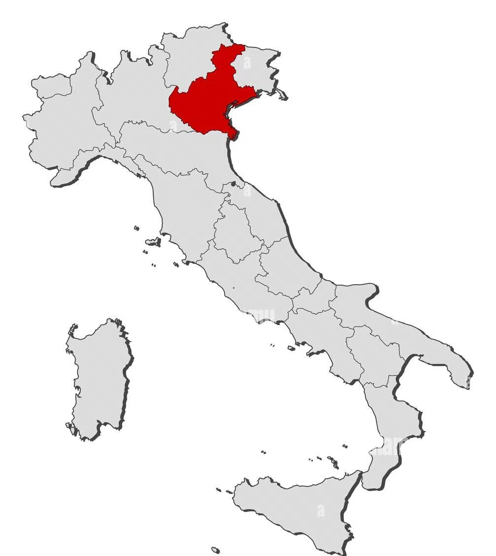 Map of Italy highlighting the region of Emilia-Romagna in red with the surrounding regions in gray.
