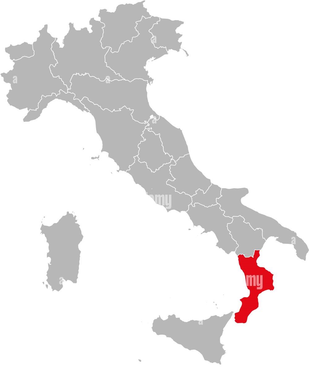 Map of Italy highlighting the Calabria region in red.