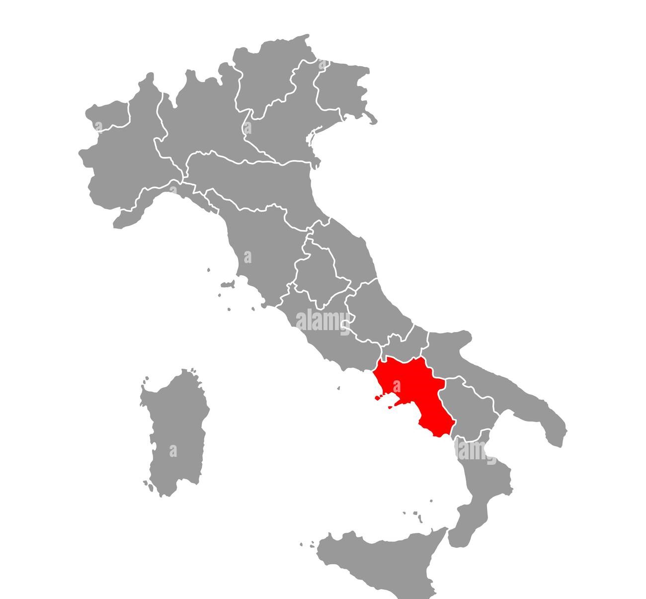 Map of Italy highlighting the region of Campania in red, while the rest of the country is shown in gray.