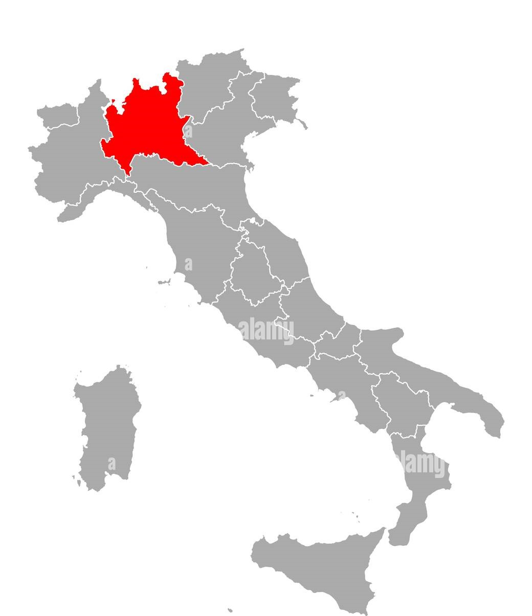 Map of Italy highlighting the Lombardy region in red against a grey backdrop.