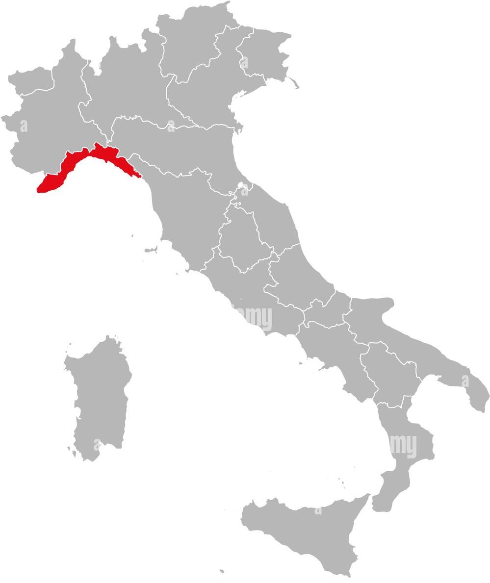 Map of Italy highlighting the region of Liguria in red.