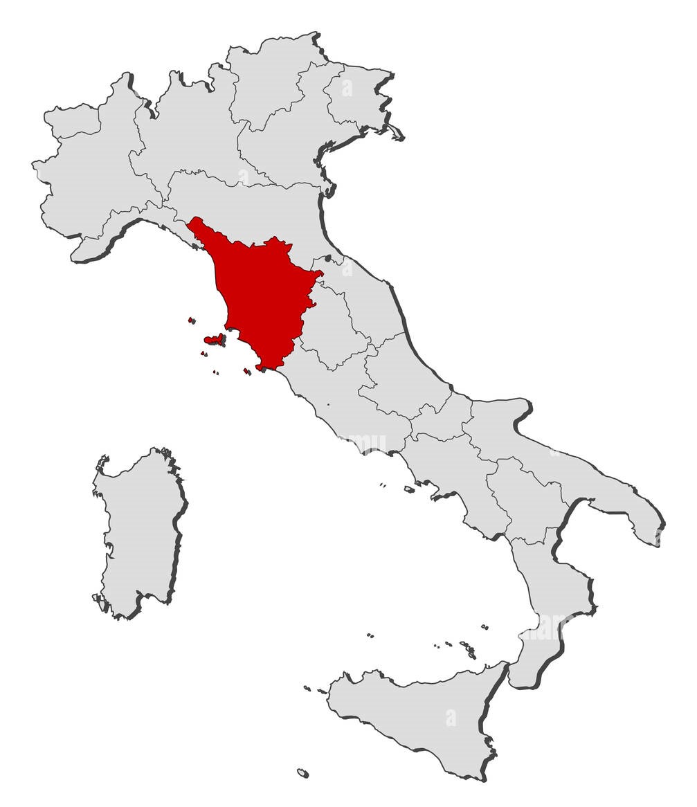 Map of Italy highlighting the region of Tuscany in red.