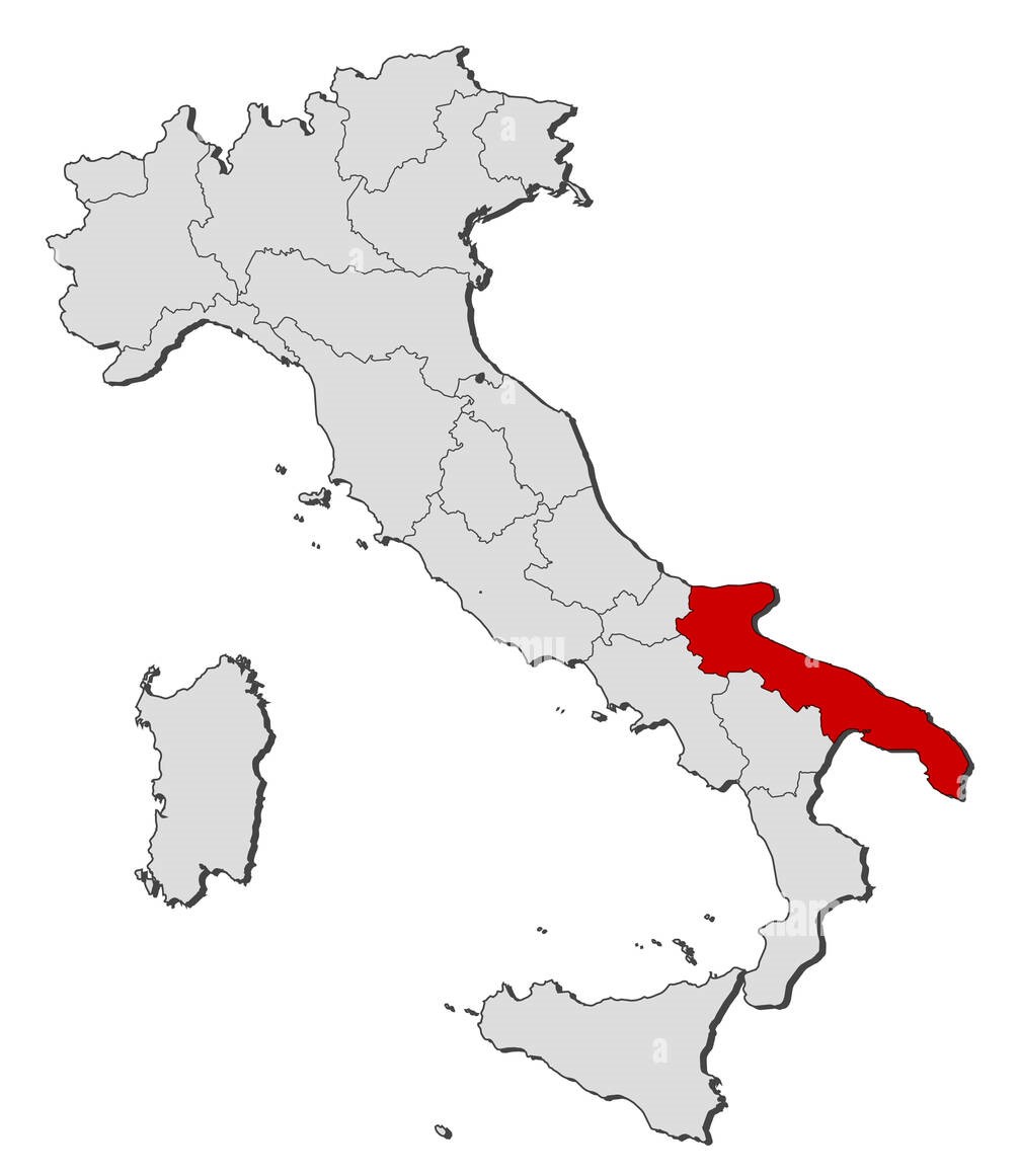 Map of Italy highlighting the Apulia region in red against a light gray background.