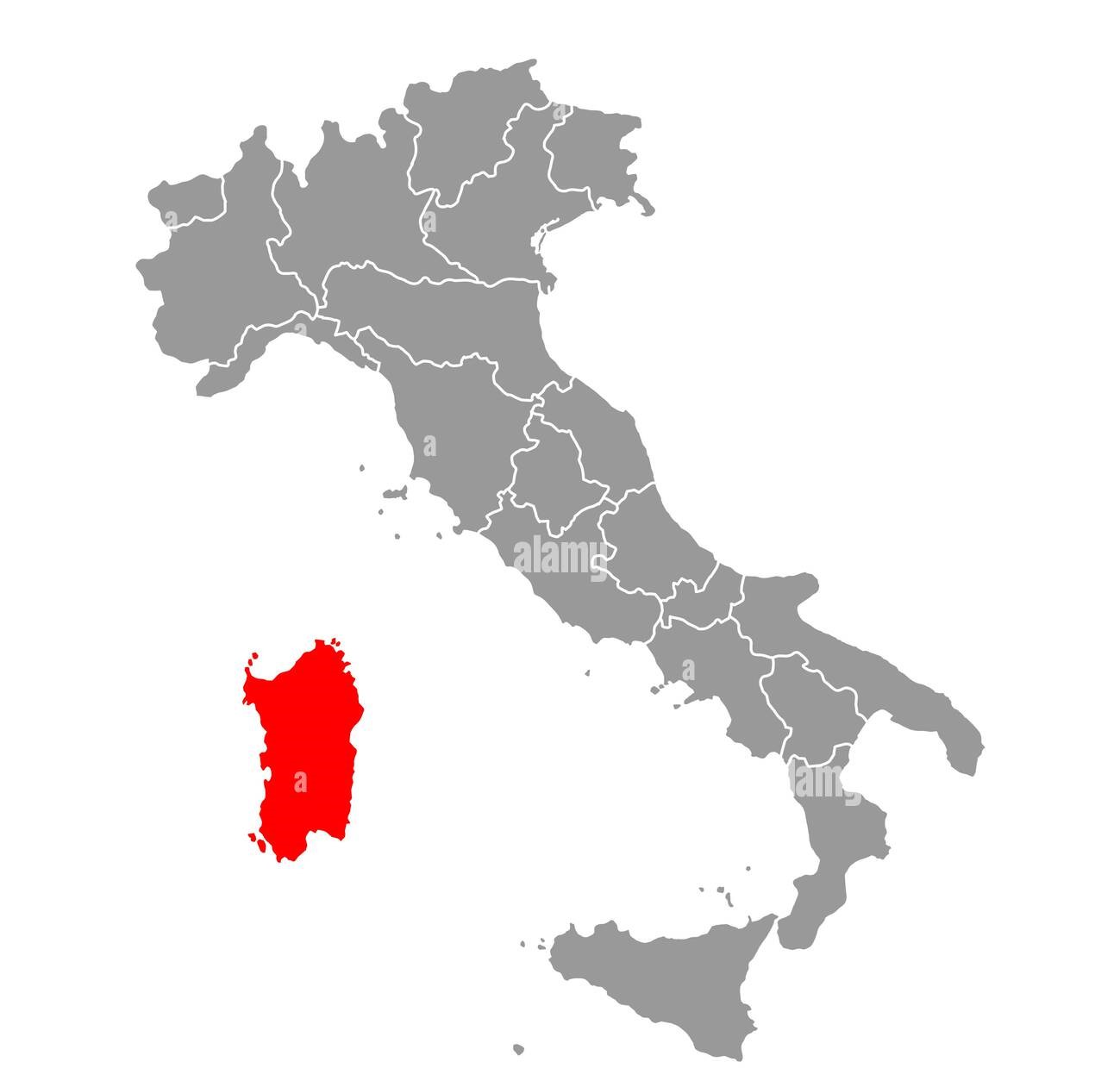 Map of Italy highlighting the island of Sardinia in red.