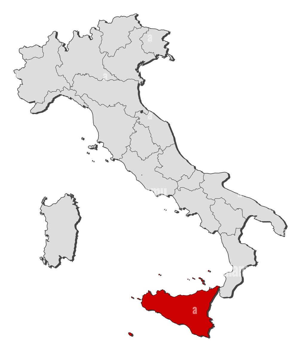 Map of Italy highlighting the island of Sicily in red, with the rest of the country in gray.