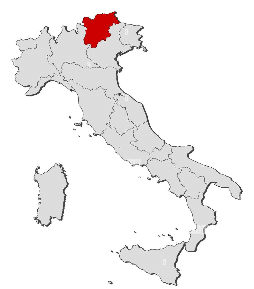 Map of Italy highlighting the northeastern region in red.