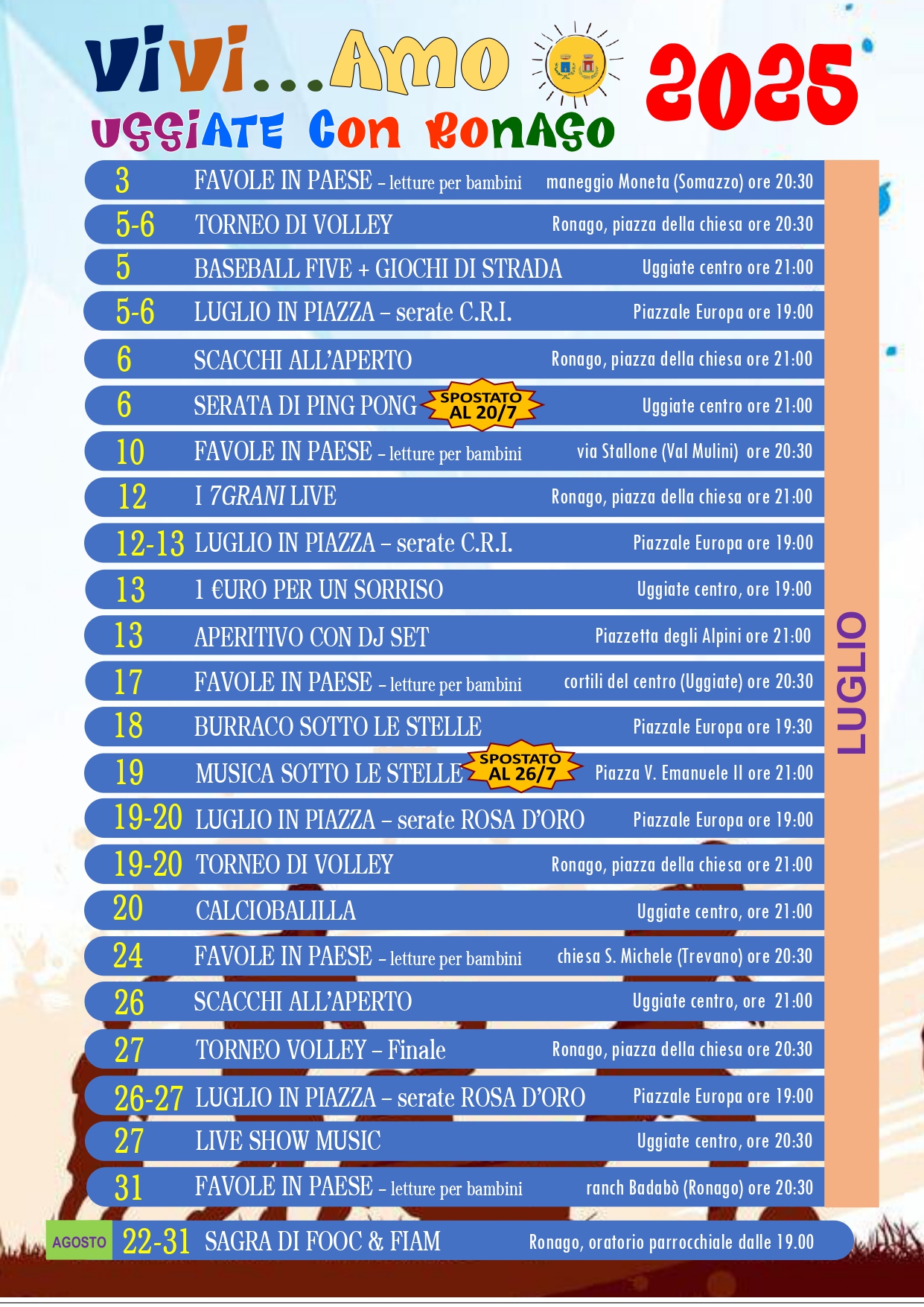 Calendario degli eventi estivi 2025 a Bonago, con date e attività programmate per ogni giorno.