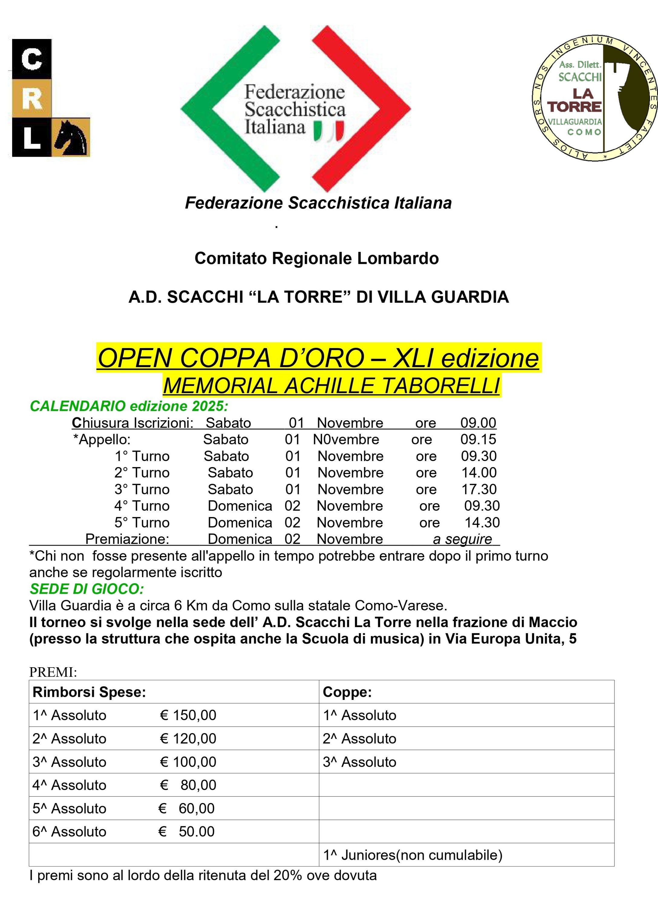 Manifesto del Torneo Coppadoro, evento scacchistico in programma a Villa Guardia il 1° e 2 novembre 2025, con dettagli su date e informazioni sul torneo.