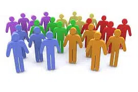 Gruppo di figure stilizzate colorate che rappresentano persone, disposte in diverse file.