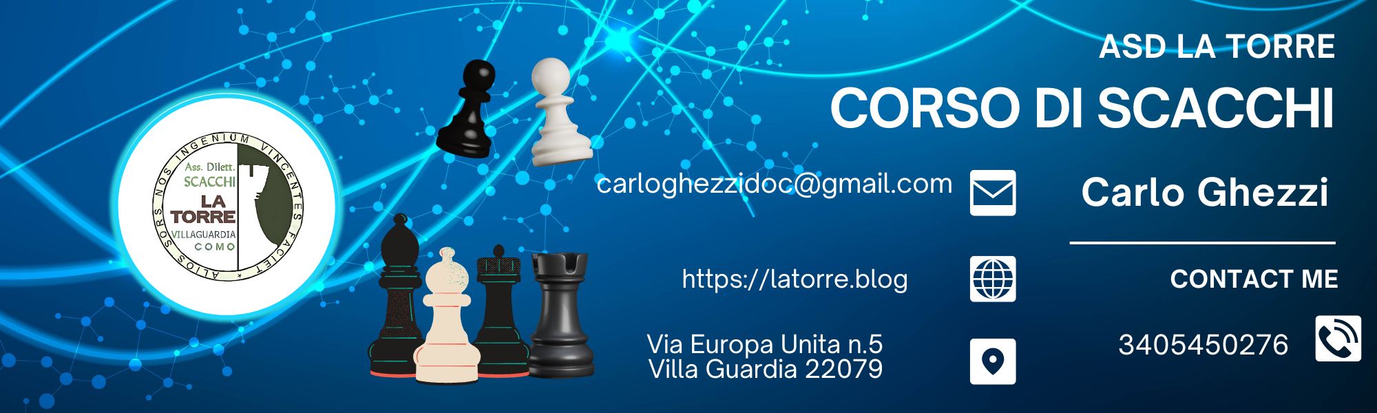 Business card for a chess course featuring chess pieces, contact information, and a logo.