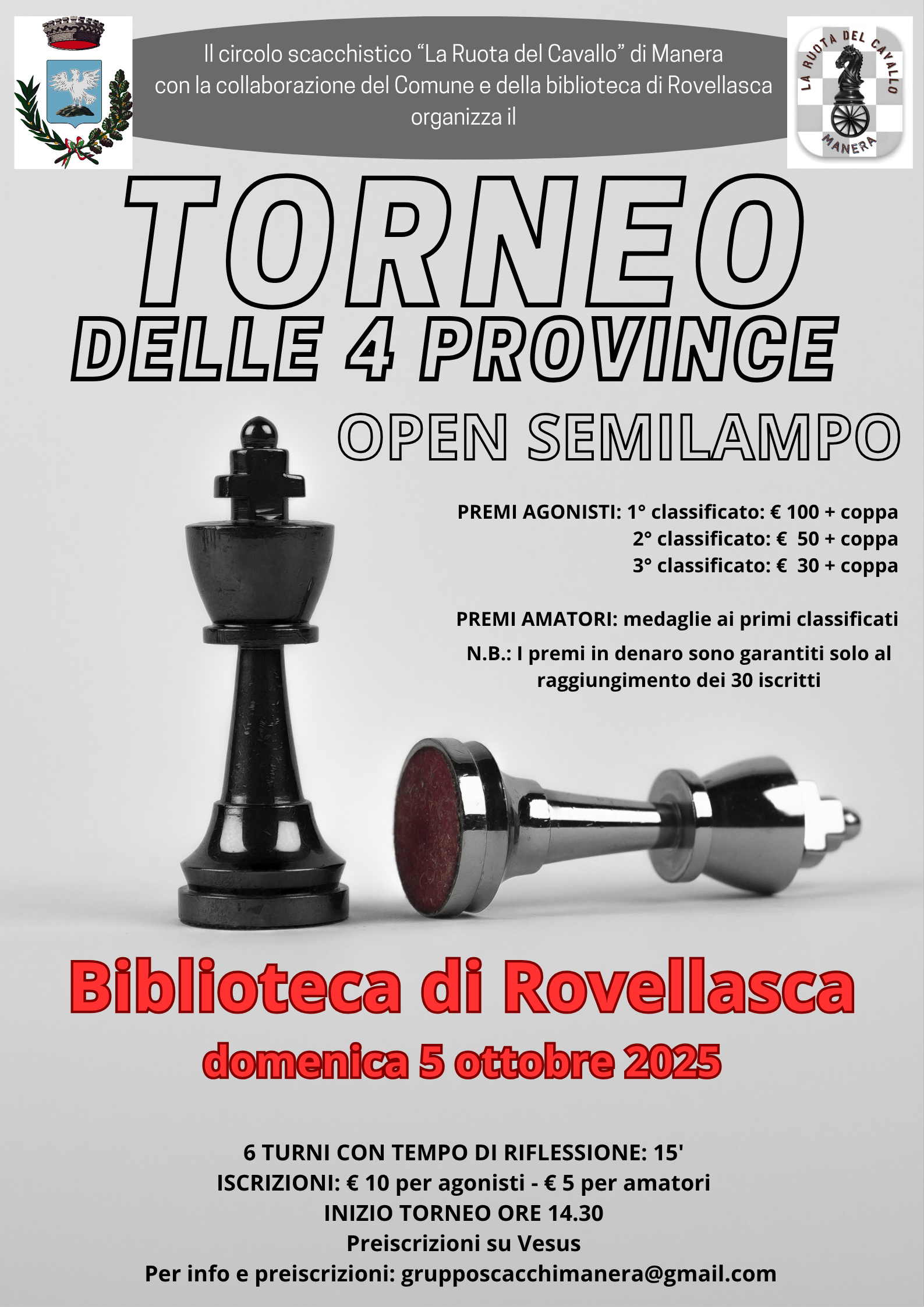 Poster for the chess tournament 'Torneo delle 4 Province' featuring a black king and a silver pawn, with details about the event location, date, and prize information.