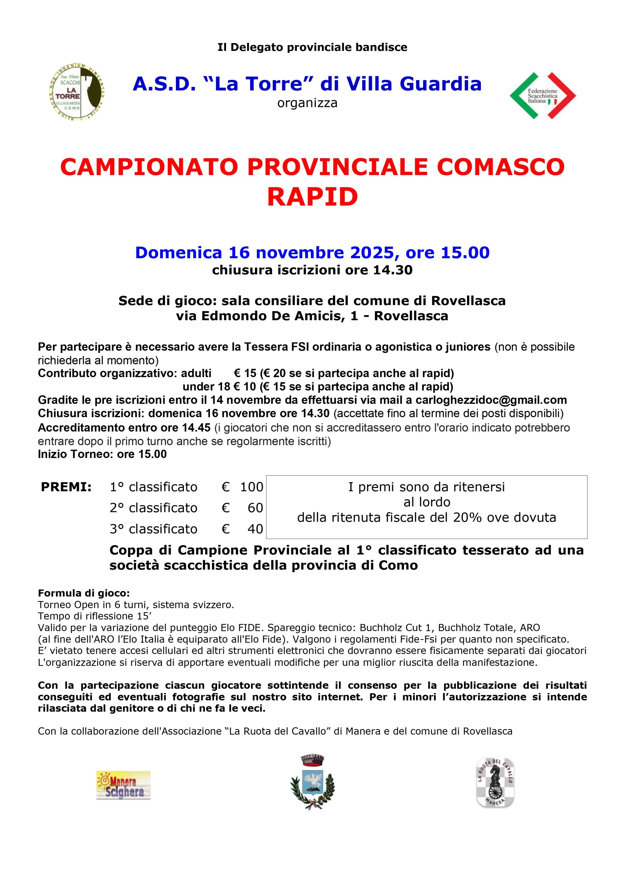 Poster for the 'Campionato Provinciale Comasco Rapid' chess tournament, detailing event information including date, time, and location.