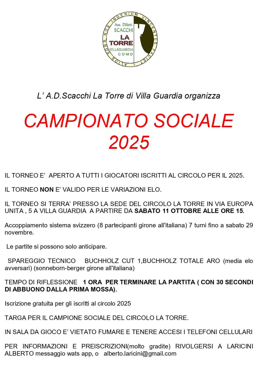 Poster for the 2025 Social Championship organized by A.D. Scacchi La Torre in Villa Guardia, detailing tournament rules and information.